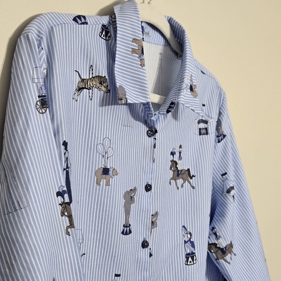 Van Laack Women’s Long Sleeve Button-Down Shirt Blue Stripe Circus Print L/XL - Picture 5 of 12